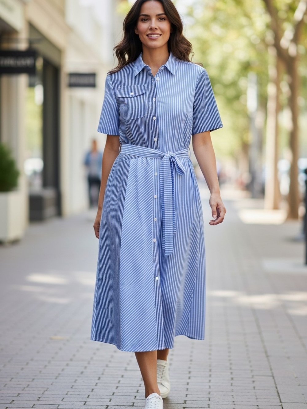 Baum und Pferdgarten Blue Stripe Shirt Dress Tie Waist Button Front M